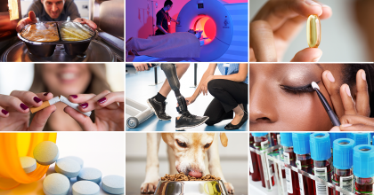 collage of 9 photos including man removing frozen meal from microwave, MRI machine, dietary supplement, woman breaking cigarette in two, prosthetic leg, woman applying makeup, prescription medicine, dog eating, blood in vials