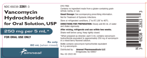 Vancomycin Hydrochloride for Oral Solution, USP, 250 mg/5mL, NDC 69238-2261-3