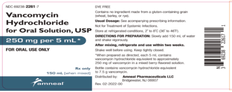 Vancomycin Hydrochloride for Oral Solution, USP, 250 mg/5mL, NDC 69238-2261-7