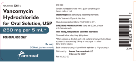 Vancomycin Hydrochloride for Oral Solution, USP, 250 mg/5mL, NDC 69238-2261-5